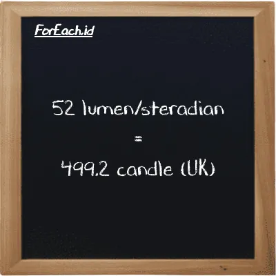 52 lumen/steradian is equivalent to 499.2 candle (UK) (52 lm/sr is equivalent to 499.2 uk cd)
